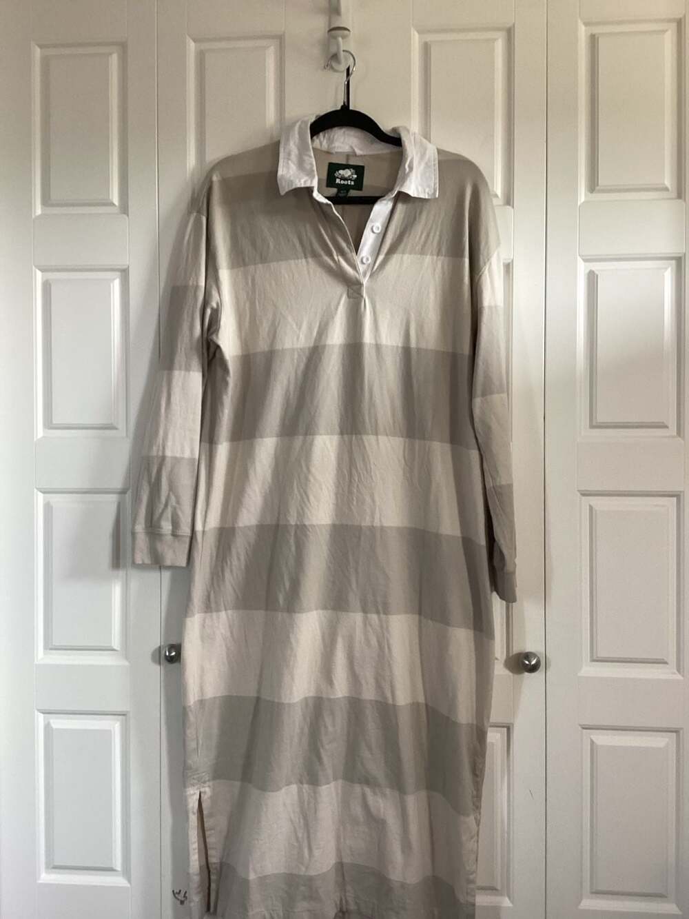 Roots Striped Long Sleeve Rugby Polo Dress Taupe White Size S
